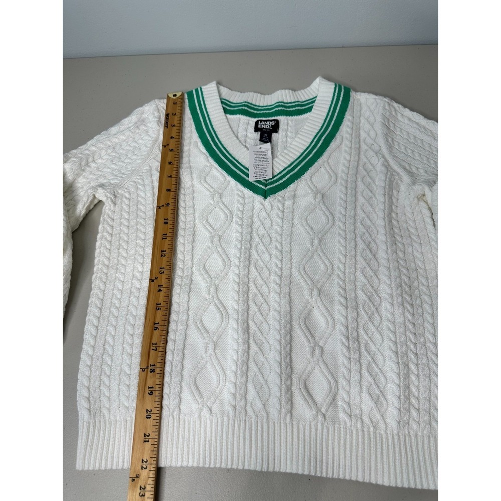 New Lands End Cricket Sweater Size M White Green Cable Knit V Neck Preppy - Picture 5 of 8